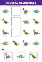 Education game for children logical sequences for kids with cute cartoon stegosaurus lambeosaurus yangchuanosaurus printable prehistoric dinosaur worksheet