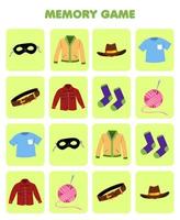 Education game for children memory to find similar pictures of cartoon mask cardigan cowboy hat t shirt belt flannel socks yarn printable clothes worksheet vector