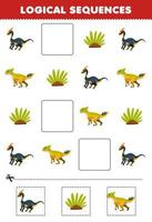 Education game for children logical sequences for kids with cute cartoon parasaurolophus leptoceratops printable prehistoric dinosaur worksheet vector