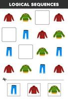 Education game for children logical sequences for kids with cute cartoon flannel sweater jean printable wearable clothes worksheet vector