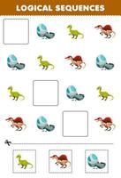 Education game for children logical sequences for kids with cute cartoon egg pachycephalosaurus spinosaurus printable prehistoric dinosaur worksheet vector