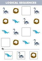 Education game for children logical sequences for kids with cute cartoon plesiosaurus fossil mosasaurus printable prehistoric dinosaur worksheet vector