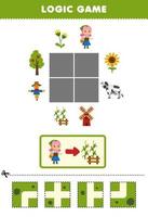 Education game for children logic puzzle build the road for cute cartoon farmer girl move to corn field printable farm worksheet vector