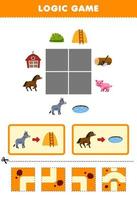 juego educativo para niños rompecabezas de lógica construir el camino para la hoja de trabajo de granja imprimible de burro y caballo de dibujos animados lindo vector