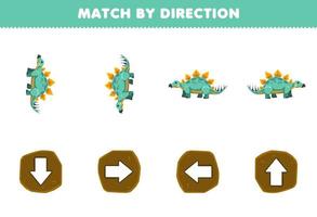 Education game for children match by direction left right up or down orientation of cute cartoon stegosaurus printable prehistoric dinosaur worksheet vector