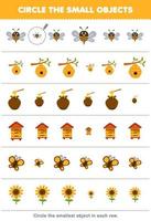 Education game for children circle the smallest object in each row of cute cartoon bee beehive honey butterfly sunflower printable farm worksheet vector
