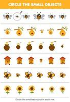 Education game for children circle the smallest object in each row of cute cartoon bee beehive honey butterfly sunflower printable farm worksheet vector