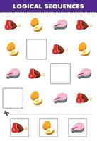 juego educativo para niños secuencias lógicas para niños con dibujos animados lindo jamón carne huevo salmón hoja de trabajo imprimible de alimentos vector
