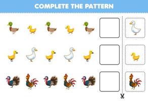 juego educativo para niños completar el patrón pensamiento lógico encontrar la regularidad y continuar la tarea de la fila con dibujos animados pato patito ganso pavo pollo vector