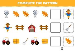 juego educativo para niños completar el patrón pensamiento lógico encontrar la regularidad y continuar la tarea de la fila con dibujos animados molino de viento hoja espantapájaros valla granero tractor rastrillo de heno vector