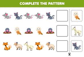 juego educativo para niños completar el patrón de pensamiento lógico encontrar la regularidad y continuar la tarea de la fila con dibujos animados gato ratón topo búho zorro oveja cabra vector