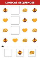 Education game for children logical sequences for kids with cute cartoon biscuit printable food worksheet vector