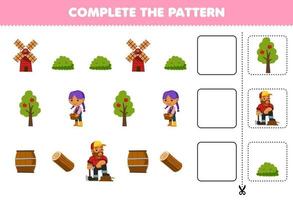 juego educativo para niños completar el patrón pensamiento lógico encontrar la regularidad y continuar la tarea de la fila con dibujos animados molino de viento arbusto árbol agricultor niña leñador tronco de madera barril vector