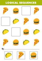 juego educativo para niños secuencias lógicas para niños con linda caricatura pizza hamburguesa taco imprimible hoja de trabajo de alimentos vector