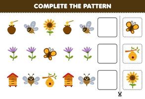 juego educativo para niños completar el patrón pensamiento lógico encontrar la regularidad y continuar la tarea de la fila con dibujos animados colmena abeja girasol mariposa miel vector