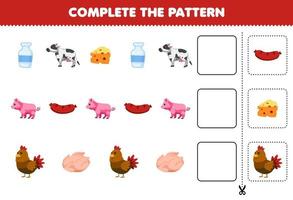Education game for children complete the pattern logical thinking find the regularity and continue the row task with cartoon cow milk cheese pig sausage chicken meat vector