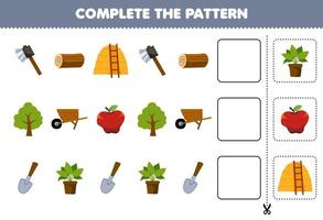 Education game for children complete the pattern logical thinking find the regularity and continue the row task with cartoon ax wood log haystack apple tree wheelbarrow shovel plant vector