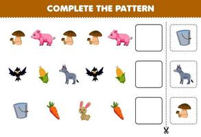 Education game for children complete the pattern logical thinking find the regularity and continue the row task with cartoon mushroom pig crow corn donkey bucket carrot rabbit vector