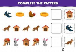 Education game for children complete the pattern logical thinking find the regularity and continue the row task with cartoon bird nest chicken coop dog kennel rabbit hutch vector