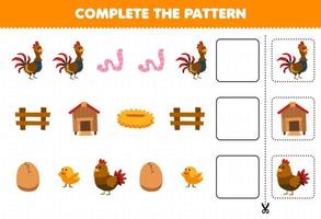 Education game for children complete the pattern logical thinking find the regularity and continue the row task with cartoon chicken hen chick rooster worm coop nest fence vector