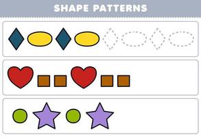 juego educativo para niños completar el patrón de rombo ovalado corazón cuadrado círculo estrella formas geométricas hoja de trabajo vector