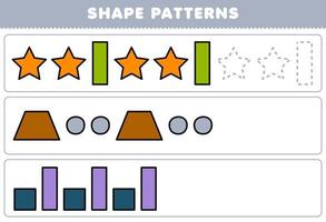 juego educativo para niños completar el patrón de estrella rectángulo trapezoide círculo cuadrado rectángulo formas geométricas hoja de trabajo vector