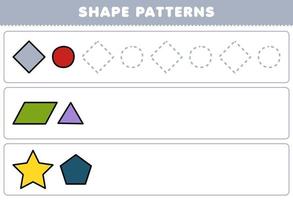 Education game for children complete the pattern from rhombus circle parallelogram triangle star pentagon geometric shapes worksheet vector