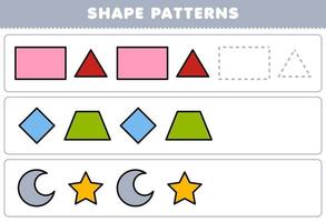 juego educativo para niños completar el patrón de rectángulo triángulo rombo trapezoide estrella creciente hoja de trabajo de formas geométricas vector