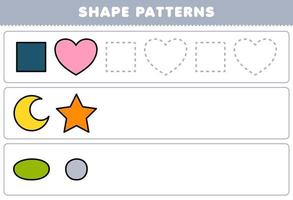Education game for children complete the pattern from square heart crescent star oval circle geometric shapes worksheet vector