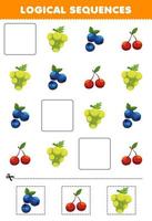 Education game for children logical sequences for kids with cute cartoon grape blueberry cherry printable fruit worksheet vector