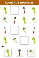 Education game for children logical sequences for kids with cute cartoon asparagus radish rake printable vegetable worksheet vector