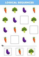 juego educativo para niños secuencias lógicas para niños con dibujos animados lindos zanahoria brócoli berenjena hoja de trabajo vegetal imprimible vector