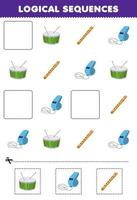 Education game for children logical sequences for kids with cartoon drum flute whistle printable music instrument worksheet vector