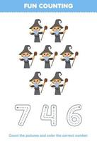 Education game for children count the pictures and color the correct number from cute cartoon wizard printable halloween worksheet vector