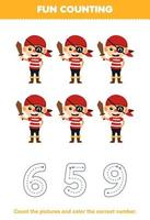 Education game for children count the pictures and color the correct number from cute cartoon pirate boy printable halloween worksheet vector