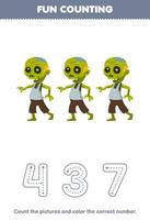 Education game for children count the pictures and color the correct number from cute cartoon zombie printable halloween worksheet vector