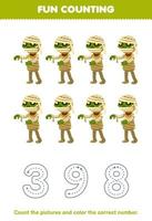 Education game for children count the pictures and color the correct number from cute cartoon mummy printable halloween worksheet vector