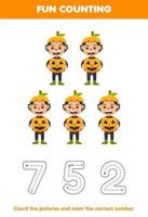 Education game for children count the pictures and color the correct number from cute cartoon pumpkin boy printable halloween worksheet vector