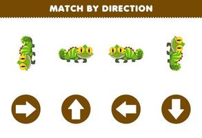 Education game for children match by direction left right up or down orientation of cute cartoon iguana printable animal worksheet vector