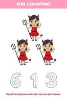 Education game for children count the pictures and color the correct number from cute cartoon devil girl printable halloween worksheet vector