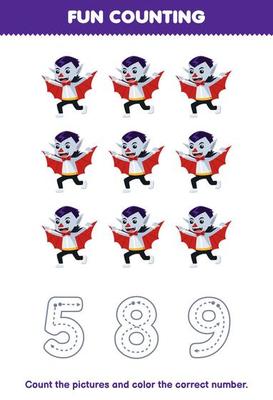 Education game for children count the pictures and color the correct number from cute cartoon dracula printable halloween worksheet