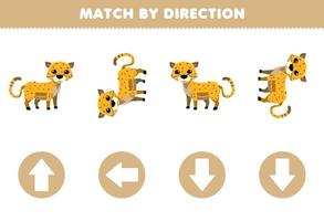 Education game for children match by direction left right up or down orientation of cute cartoon cheetah printable animal worksheet vector