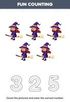 Education game for children count the pictures and color the correct number from cute cartoon witch printable halloween worksheet vector