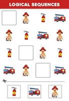 Education game for children logical sequences for kids with cute cartoon firefighter firetruck extinguisher printable profession worksheet vector