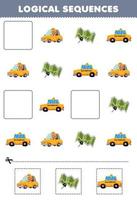 juego educativo para niños secuencias lógicas para niños con linda caricatura taxista mapa clave imprimible profesión hoja de trabajo vector