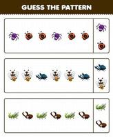 juego educativo para niños adivina el patrón de cada fila de la linda caricatura araña mariquita abeja escarabajo saltamontes insecto imprimible hoja de trabajo animal vector