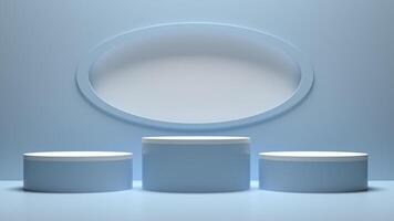 Three white pedestal stands with an oval shape in front of them photo