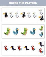 Education game for children guess the pattern each row from cute cartoon toucan swan parakeet dove parrot crow printable bird animal worksheet vector