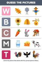 Education game for children guess the correct picture for phonic word that starts with letter W B C M and T printable farm worksheet vector