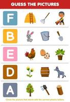 Education game for children guess the correct picture for phonic word that starts with letter F B E D and A printable farm worksheet vector